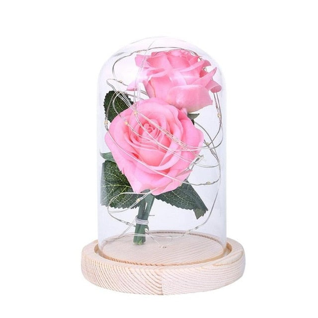 Valentine's Day Gifts Artificial Rose LED Light Glass Dome Wooden Base Night Lamp Desktop Decoration Wedding Supplies